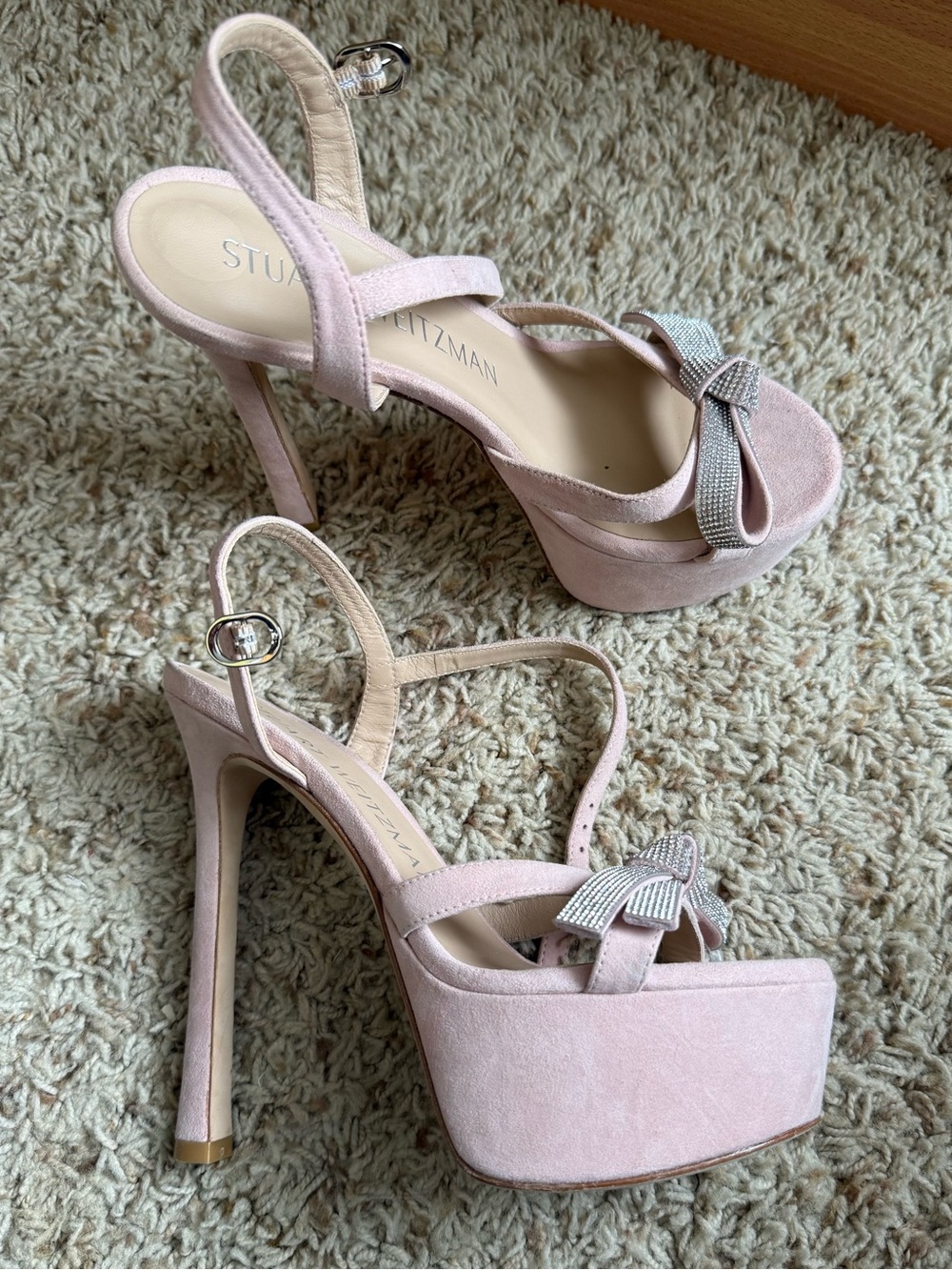 Stuart Weitzman Mega Bow Platform Heels Sandals crystal Pink suede Size 7